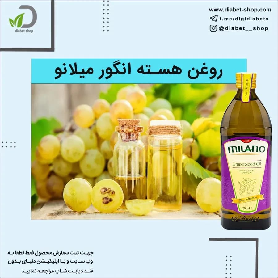روغن هسته انگور میلانو، رنگ زرد، بنفش و سفید، جنس شیشه و مایع، بطری درب‌دار