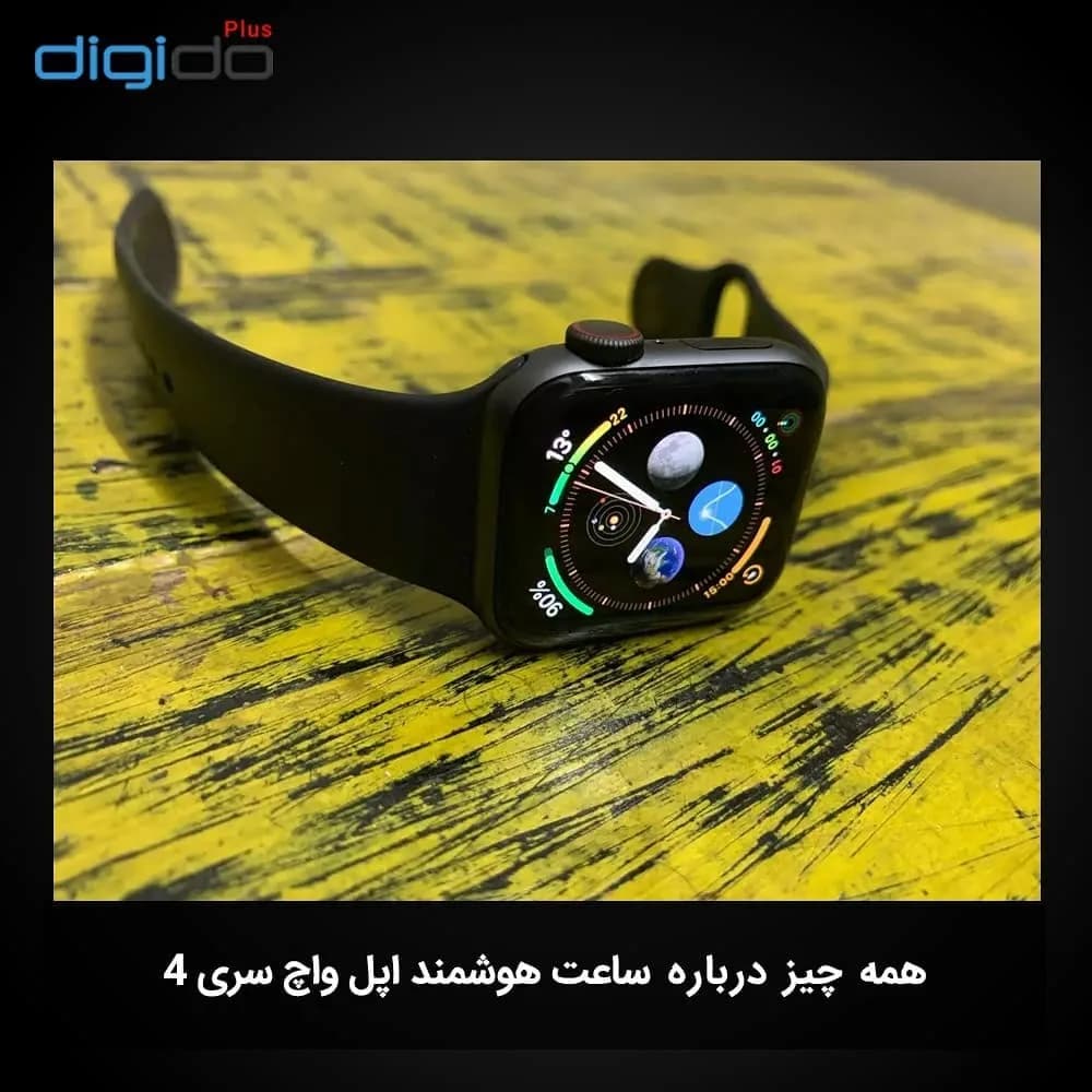 ساعت هوشمند اپل واچ سری 4 Apple، رنگ مشکی، جنس سیلیکون و فلز، دیجیتال، بند سیلیکونی