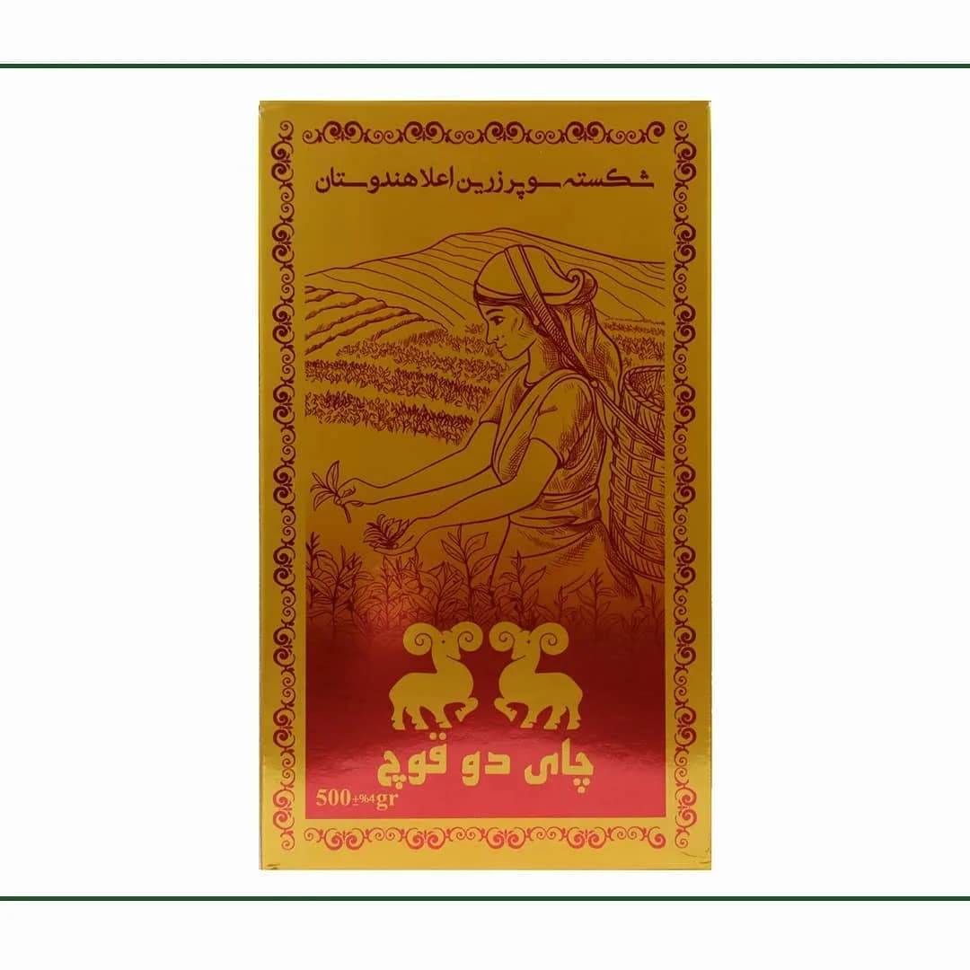 چای سیاه دوقوچ، رنگ قرمز و طلایی، جنس مقوا، جعبه مستطیلی