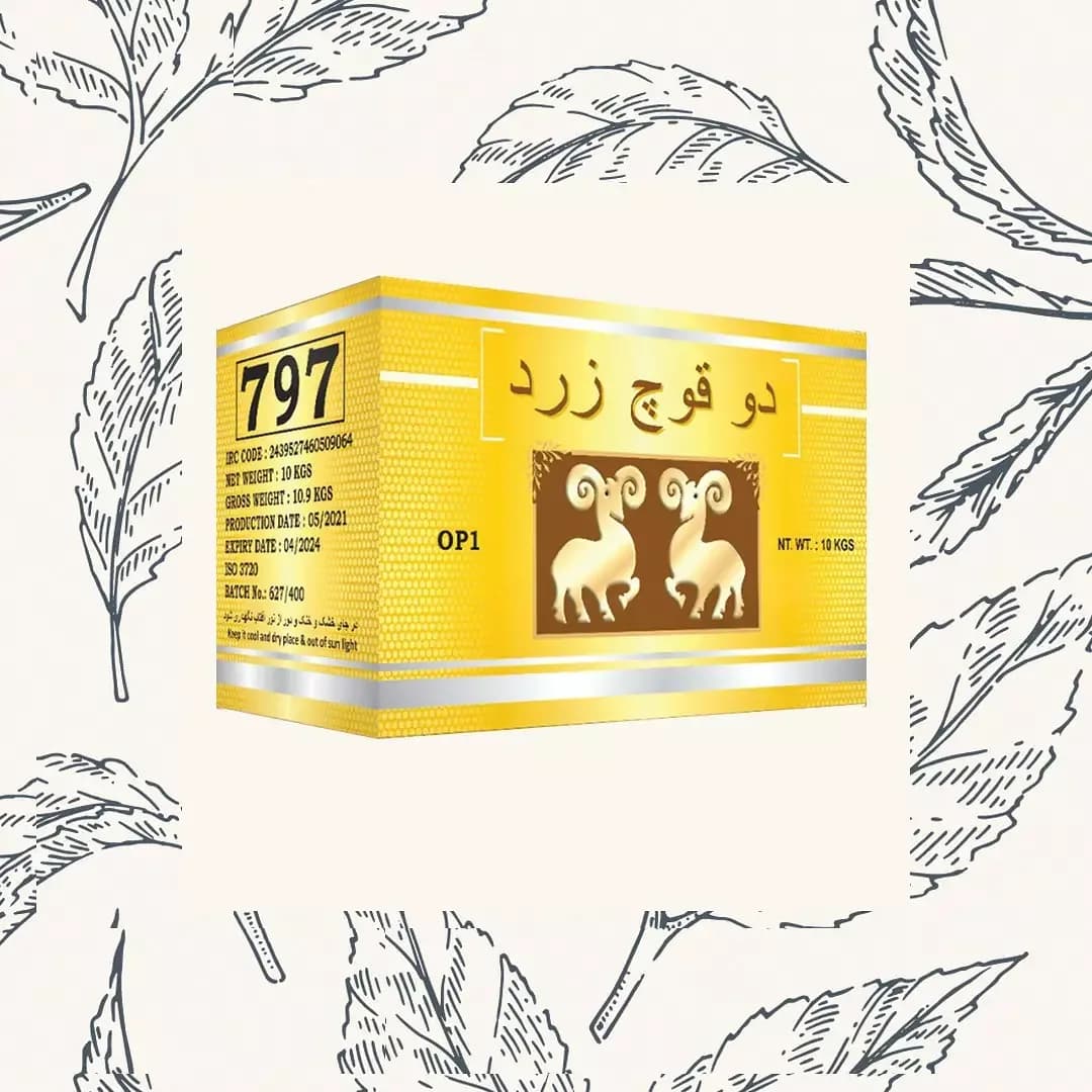 چای قلم سوزنی درجه یک دوقوچ زرد کارتن ۱۰ کیلوگرمی، رنگ سفید و نقره‌ای، جنس مقوا، مکعب مستطیل