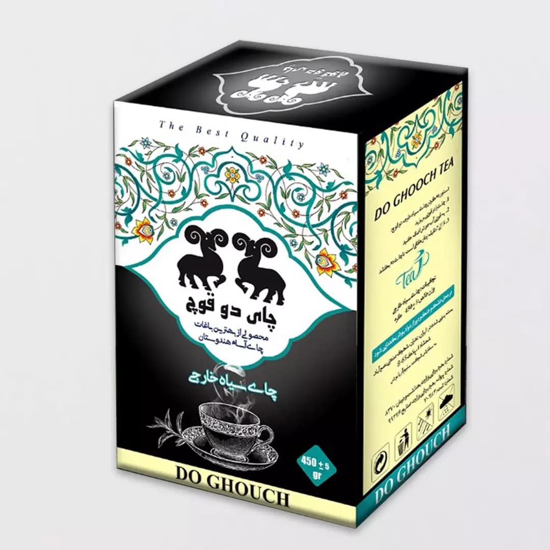 جعبه چای دو قوچ، رنگ مشکی، سفید و طلایی، جنس مقوا، طرح گلدار، جعبه مقوایی مکعبی