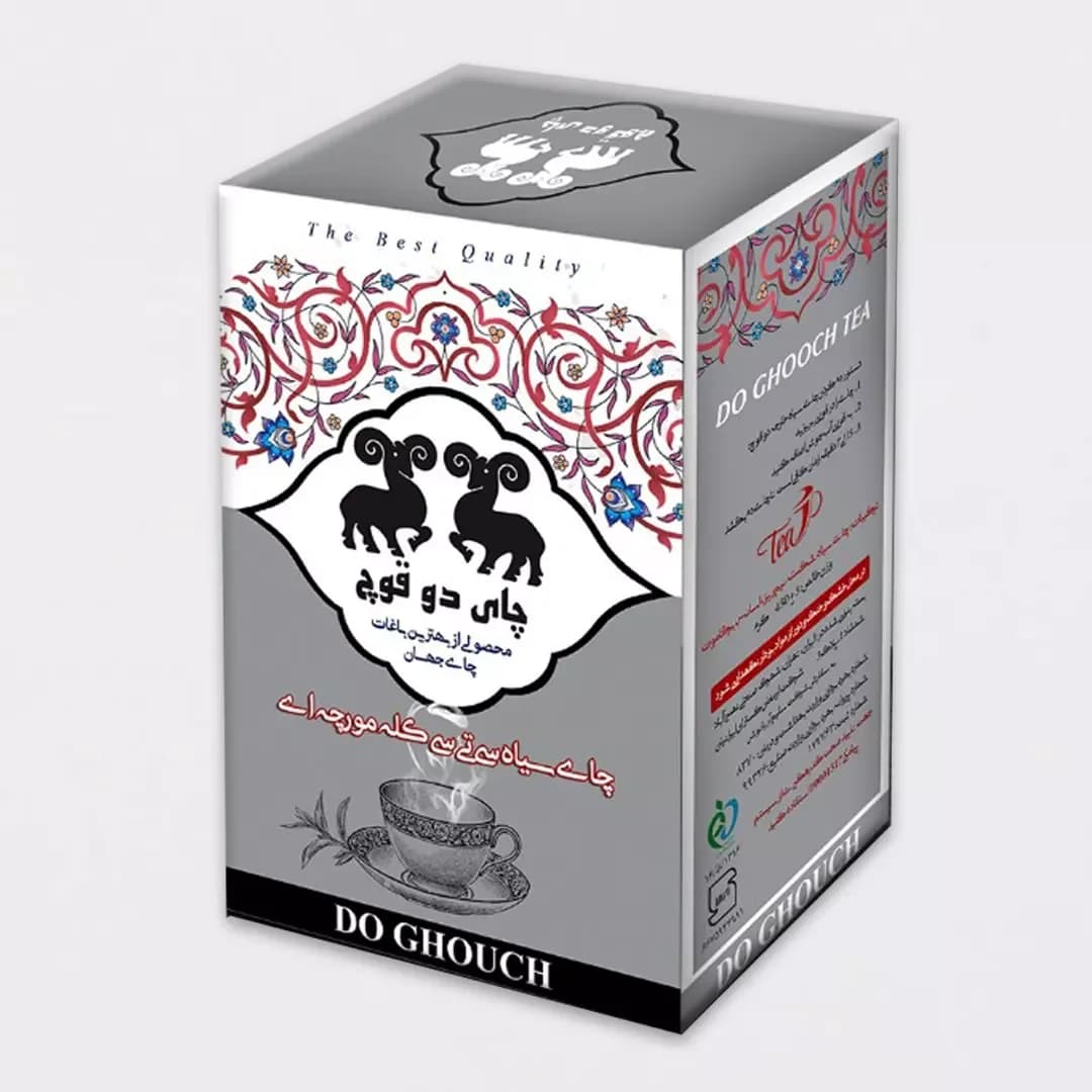 چای سی‌تی‌سی دو قوچ، رنگ خاکستری، سفید و قرمز، جنس مقوا، طرح طرح و نقش، مکعبی مستطیل