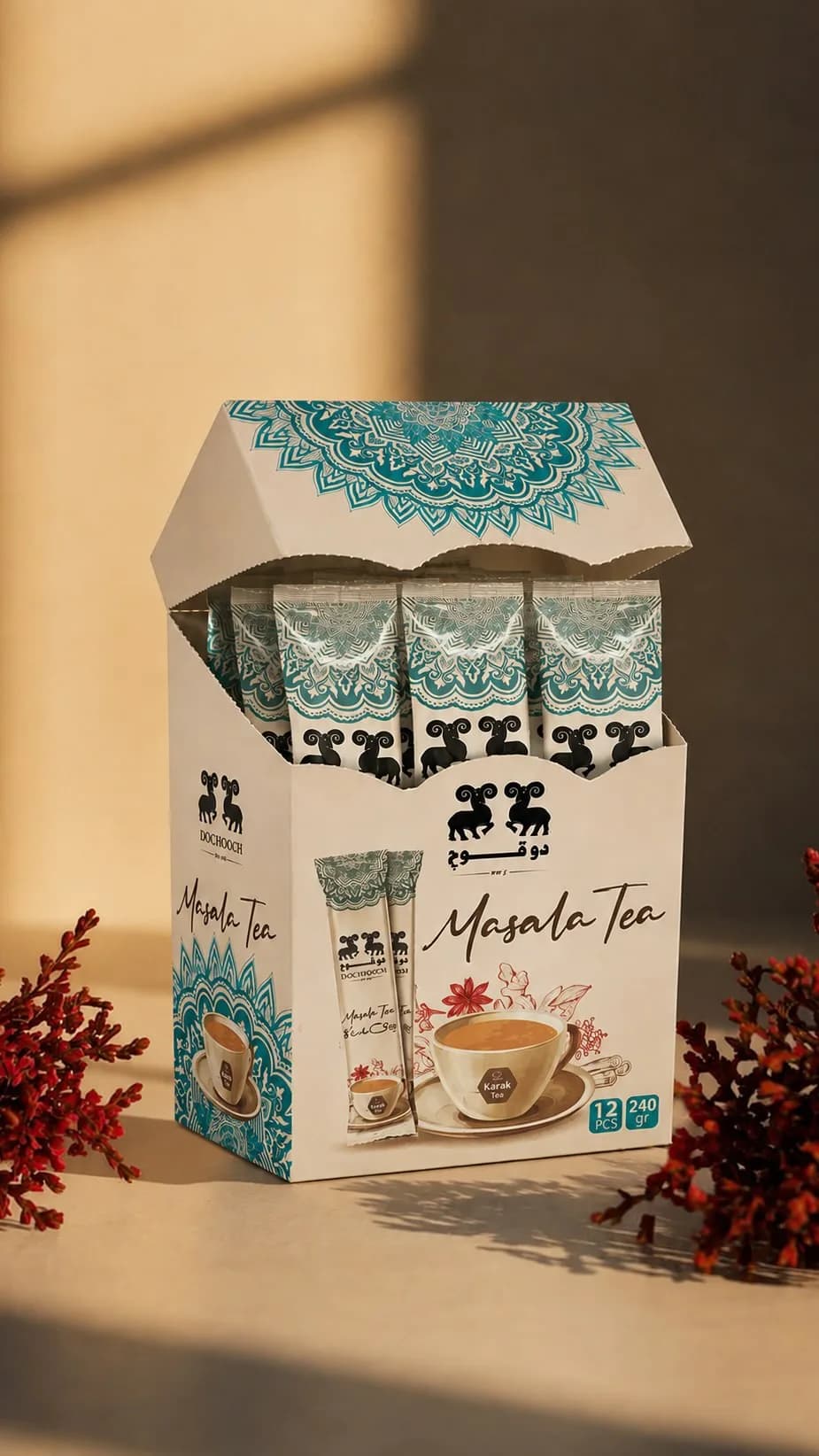 چای ماسالا کرک دوقوچ، رنگ سفید، فیروزه‌ای و قهوه‌ای، جنس مقوا، طرح هندسی، جعبه مقوایی با درب بازشو