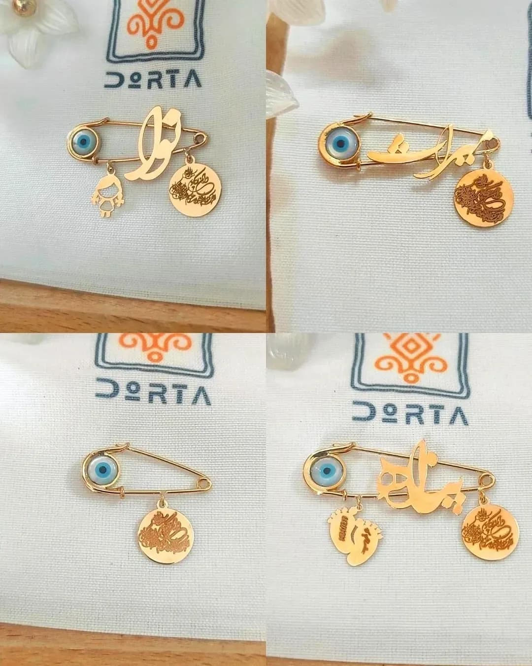 سنجاق سینه طلای کودک، رنگ طلایی و آبی، جنس فلز، مدل سنجاقی با آویز