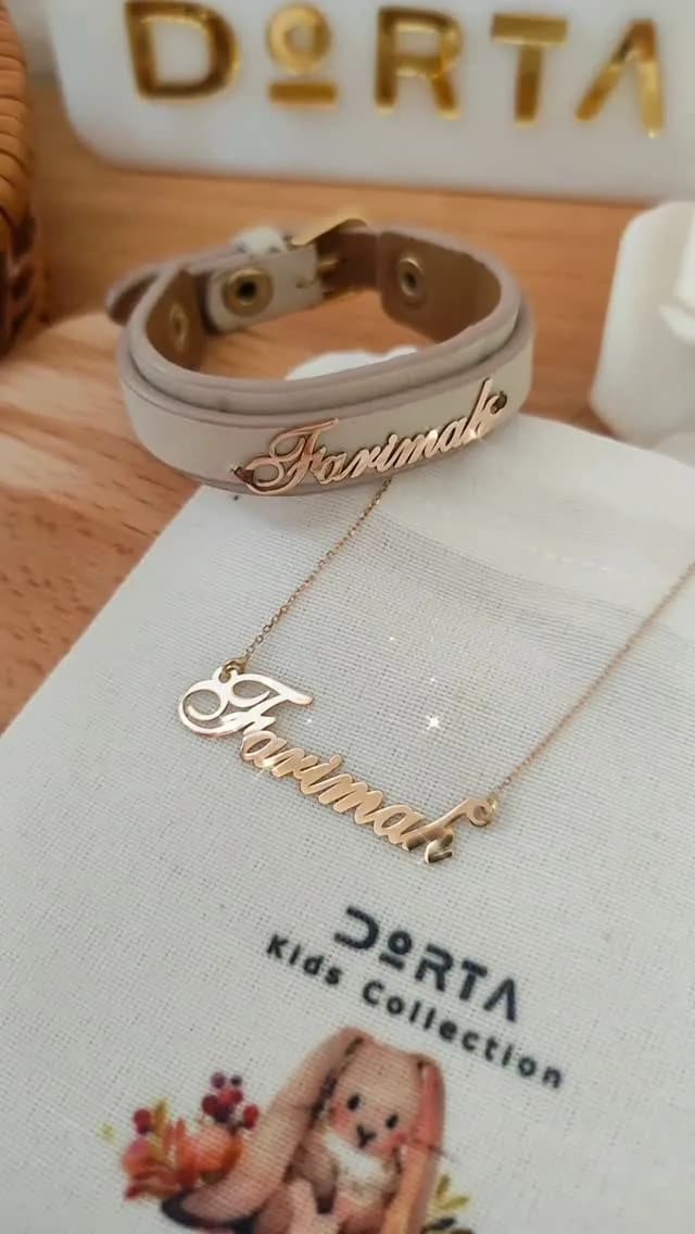 ست دستبند چرم و گردنبند طلای اسم کودک