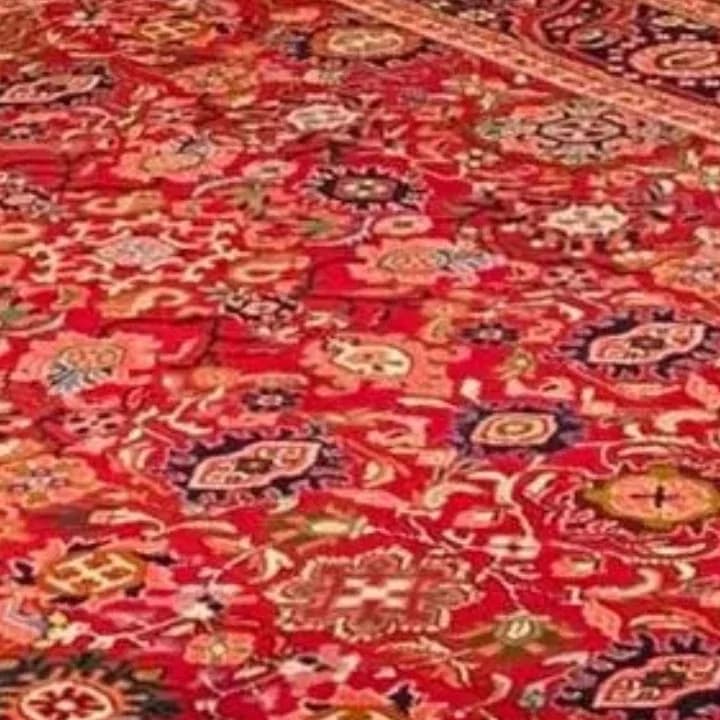 فرش دستباف ننج نقشه چهارچنگ، رنگ قرمز، نارنجی و آبی، طرح گلدار، مستطیلی