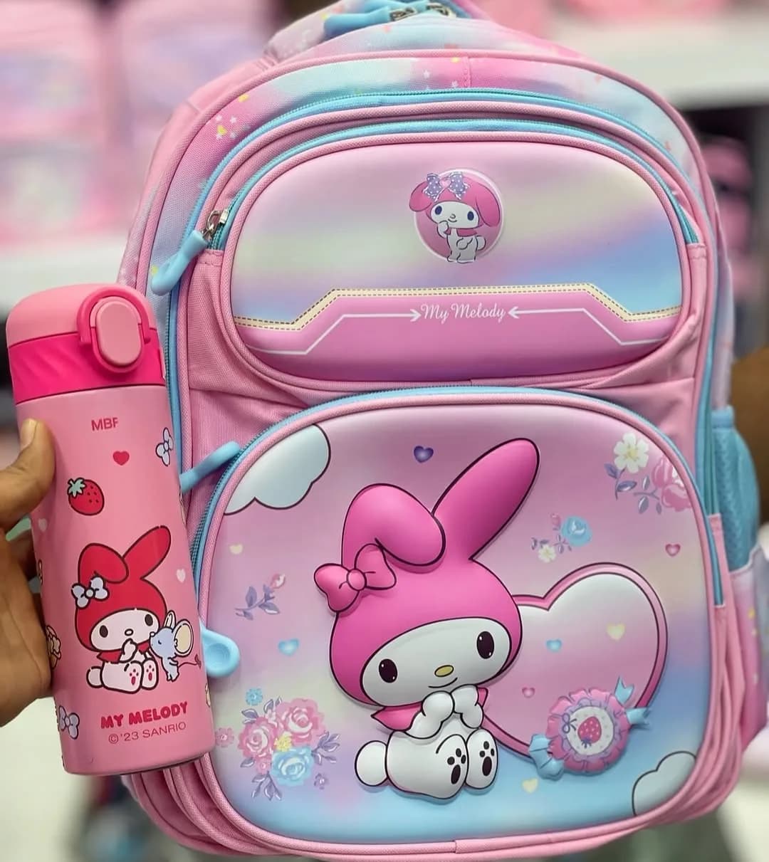 ست مدرسه مای ملودی Sanrio، رنگ صورتی و آبی، طرح شخصیت کارتونی، ست شامل کوله و قمقمه