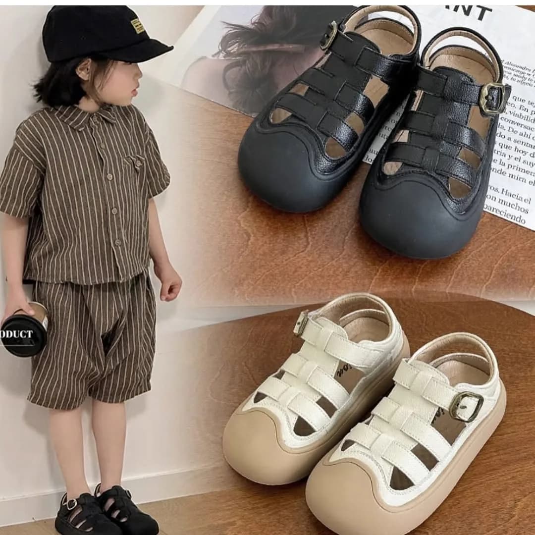 صندل بچگانه سایز ۲۶ تا ۳۱، رنگ مشکی و کرم، بند چسبی