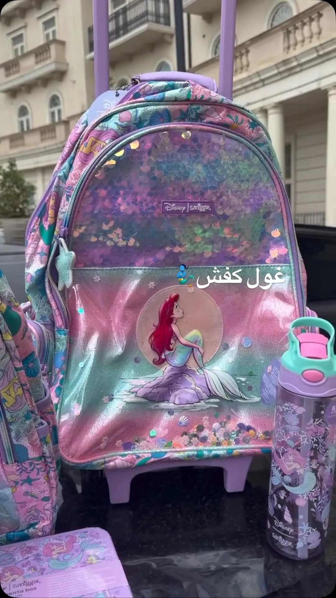 کوله پشتی بچگانه، رنگ صورتی، بنفش و آبی، جنس پلاستیک، طرح شخصیت کارتونی، کولهپشتی چرخدار