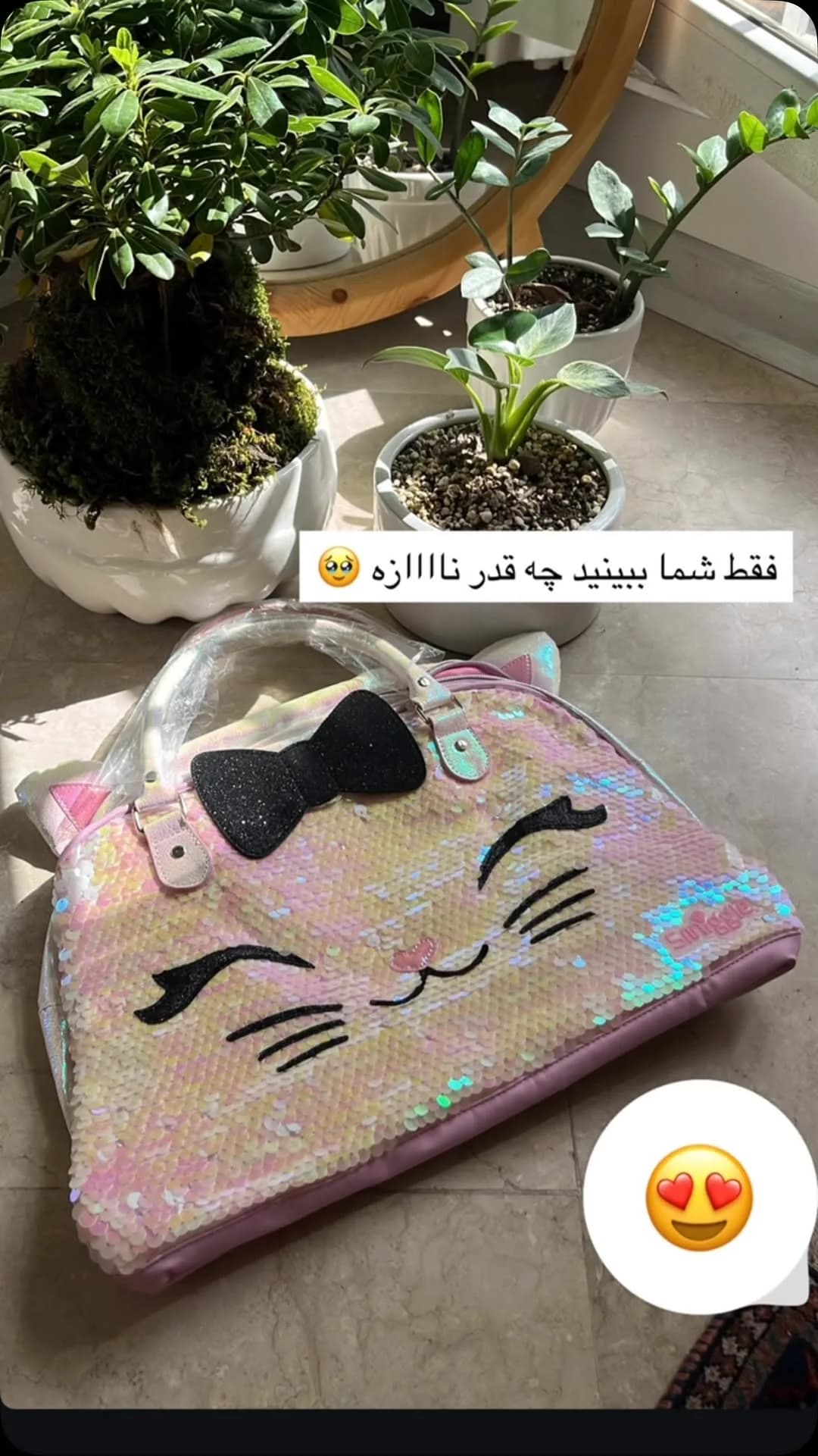 کیف دوشی پولکی دخترانه طرح گربه، رنگ صورتی، طلایی و بنفش، طرح شخصیت کارتونی، دستی، مستطیلی
