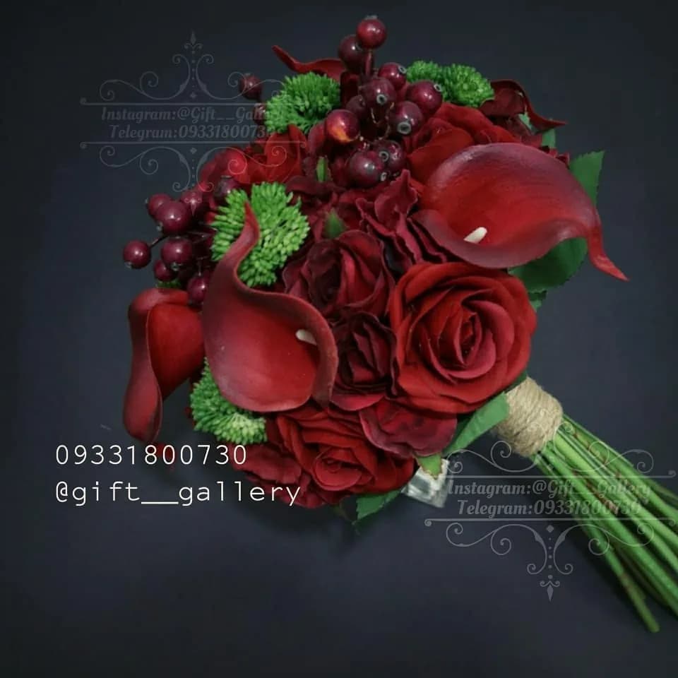 دسته گل مصنوعی، رنگ قرمز و سبز، جنس پارچه، دسته گل عروس