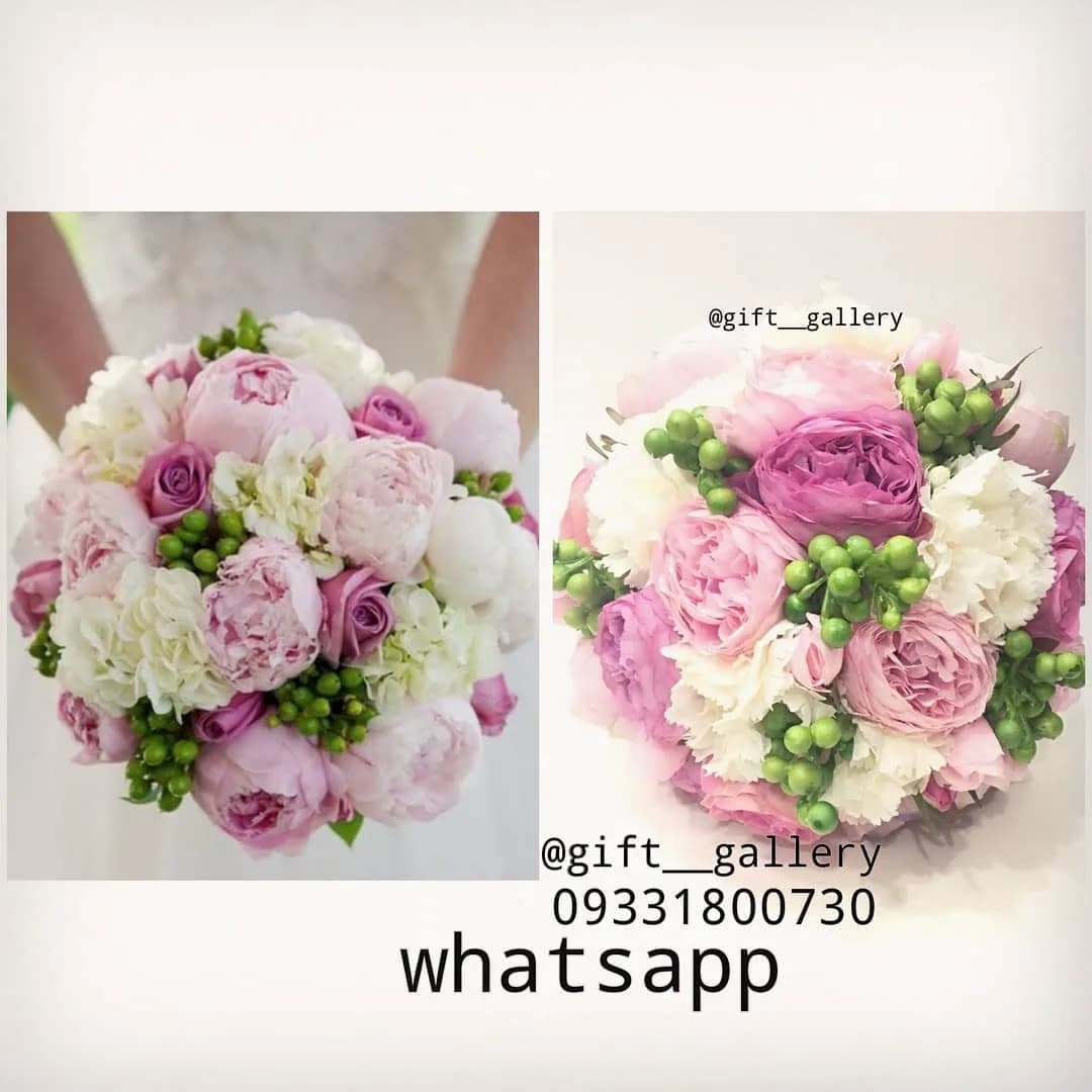 دسته گل عروس طبیعی، رنگ صورتی، سفید و سبز، جنس پارچهای، دستهگل گرد