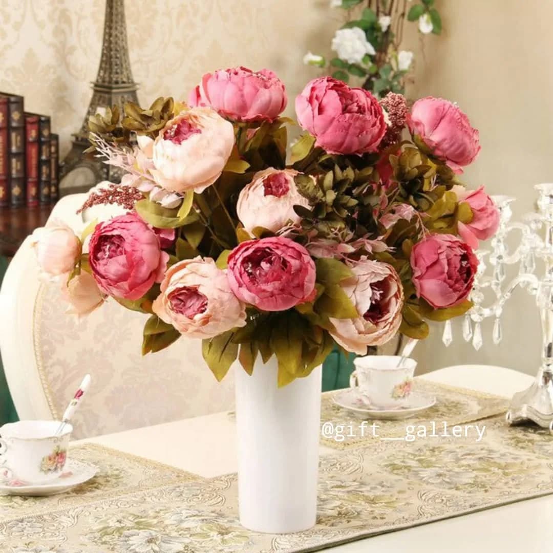 بوته گل مصنوعی پئونی ۱۳ شاخه، رنگ صورتی و کرم، جنس پارچه، شاخهای، پرپشت
