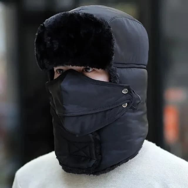کلاه خلبانی ماسک‌دار فری سایز، رنگ مشکی، جنس پارچه و خز، کلاه‌دار، پوشاندن صورت