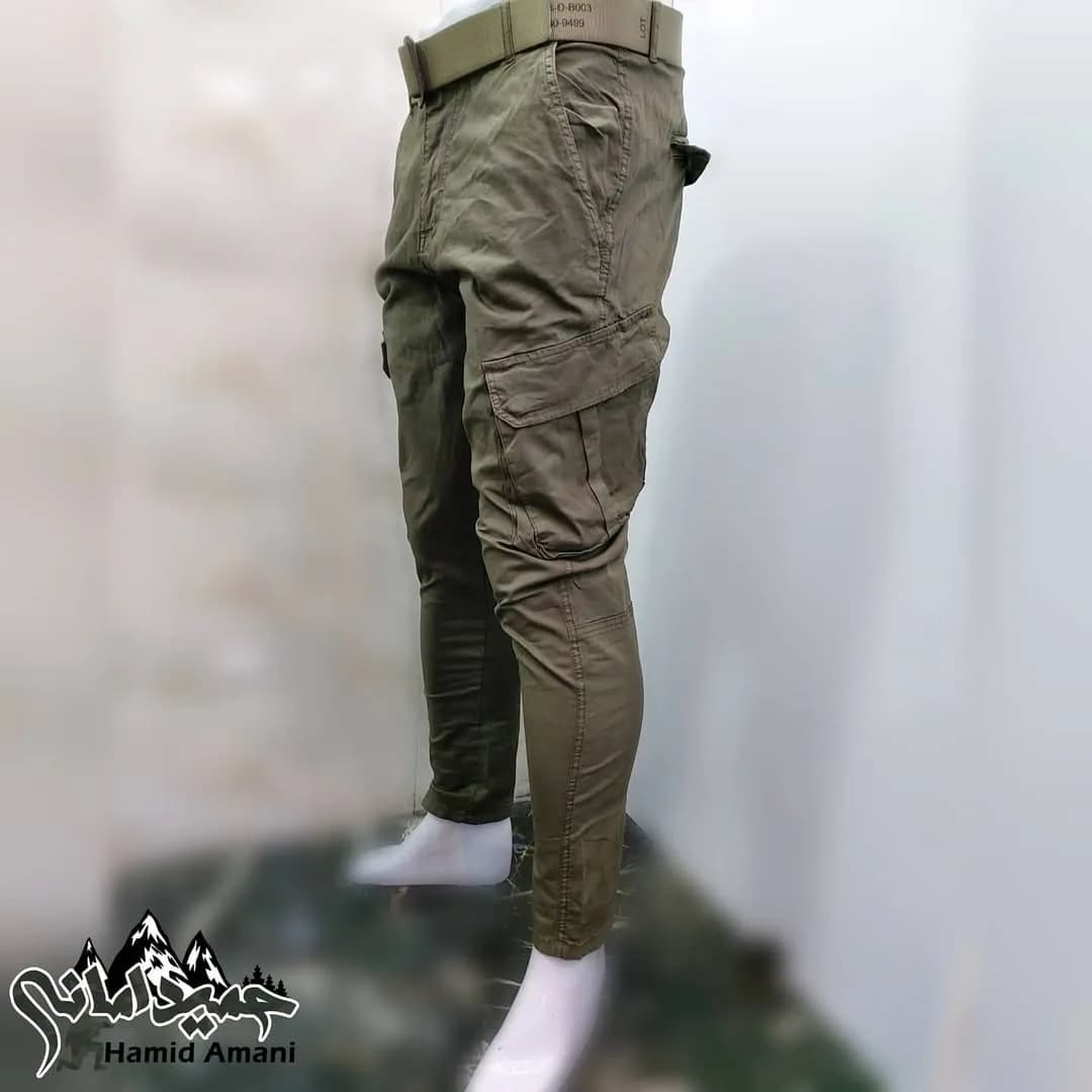 شلوار شش جیب کش، رنگ سبز زیتونی، جذب، دمپا بسته، جیب دار
