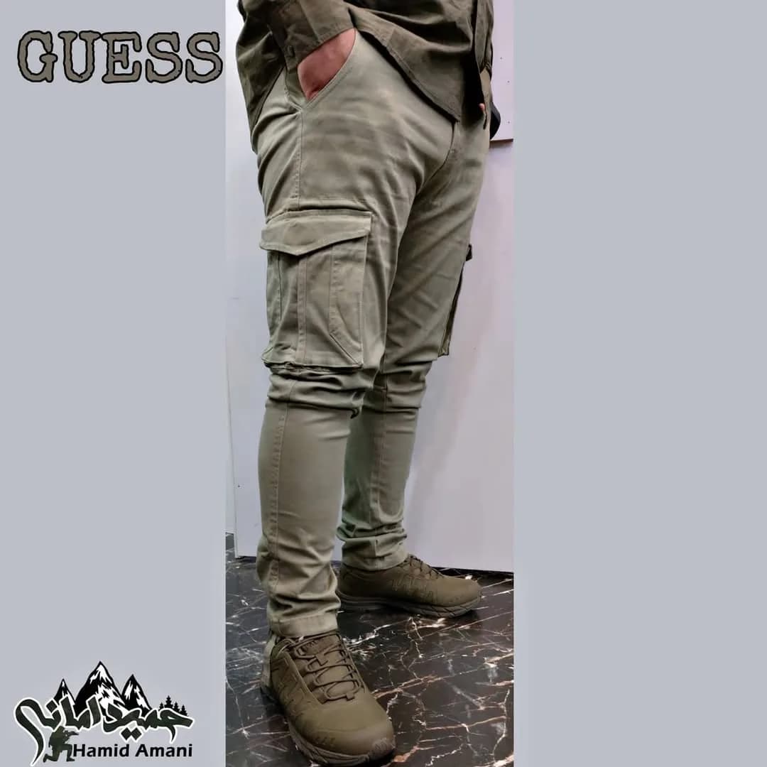 شلوار شش جیب GUESS، رنگ زیتونی، جنس کتان، جذب، کارگو