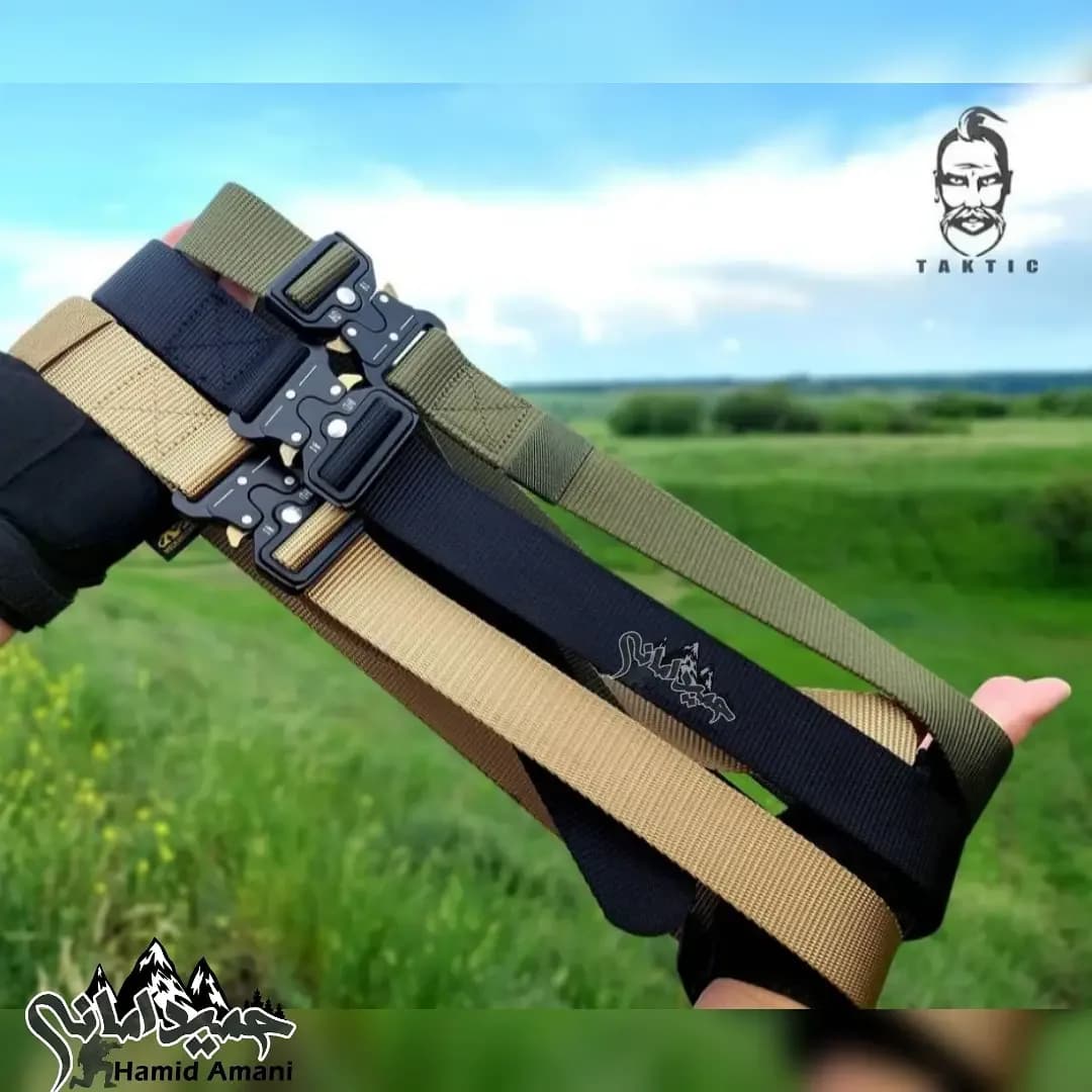 کمربند تاکتیکال، رنگ سبز، مشکی و خاکی، جنس برزنت و فلز، سگک فلزی ریلی