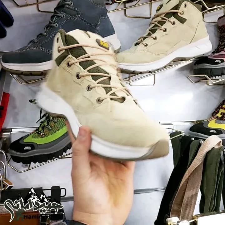 کفش کفی طبی، رنگ کرم و سبز، جنس جیر، کفش کوهنوردی، ساق کوتاه
