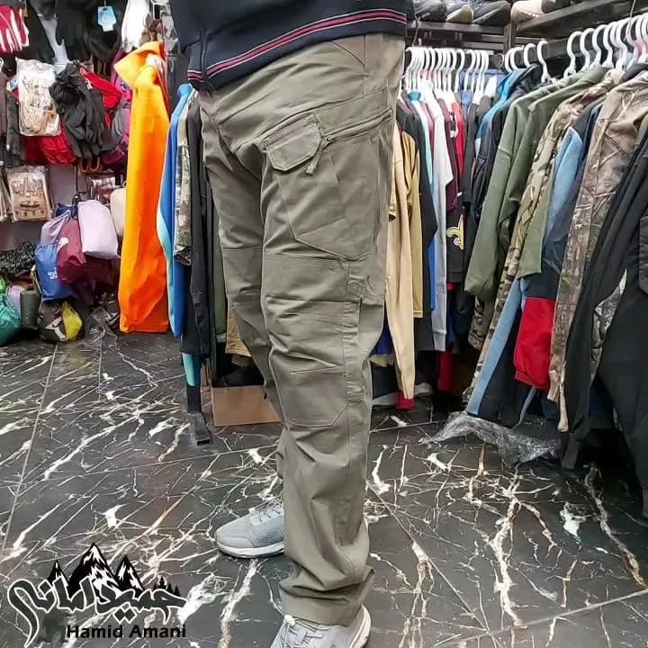 شلوار کتان، رنگ خاکی، بلند، شش‌جیب، راسته