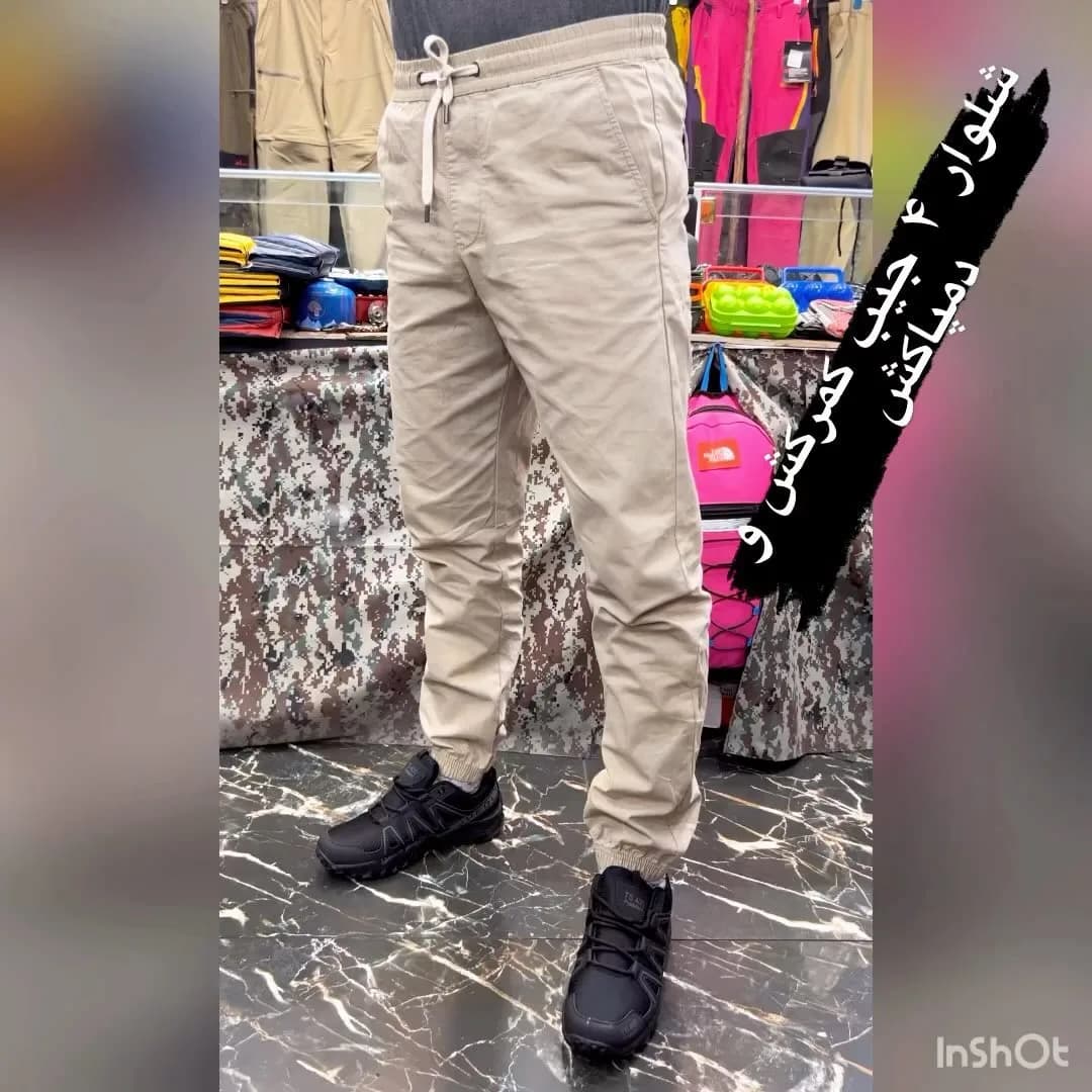 شلوار چهار جیب دمپاکش، رنگ کرم، جنس کتان، راسته، کمر بنددار
