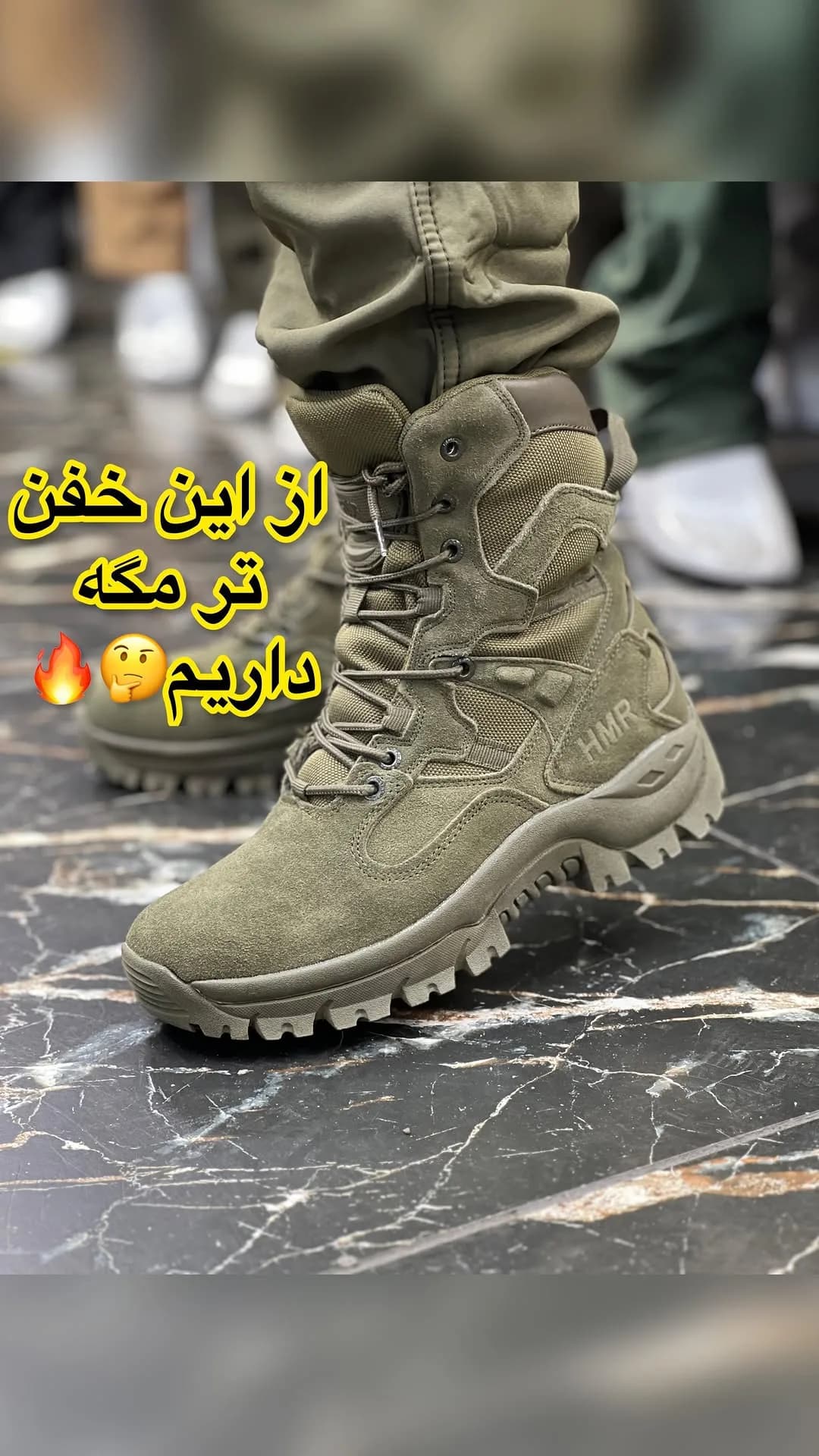 پوتین هامر سبز، رنگ سبز زیتونی، جنس جیر، ساق بلند، بنددار
