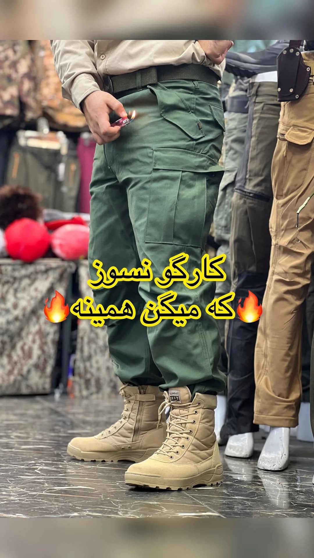 شلوار کارگو مردانه، رنگ سبز زیتونی، بلند، راسته، جذب