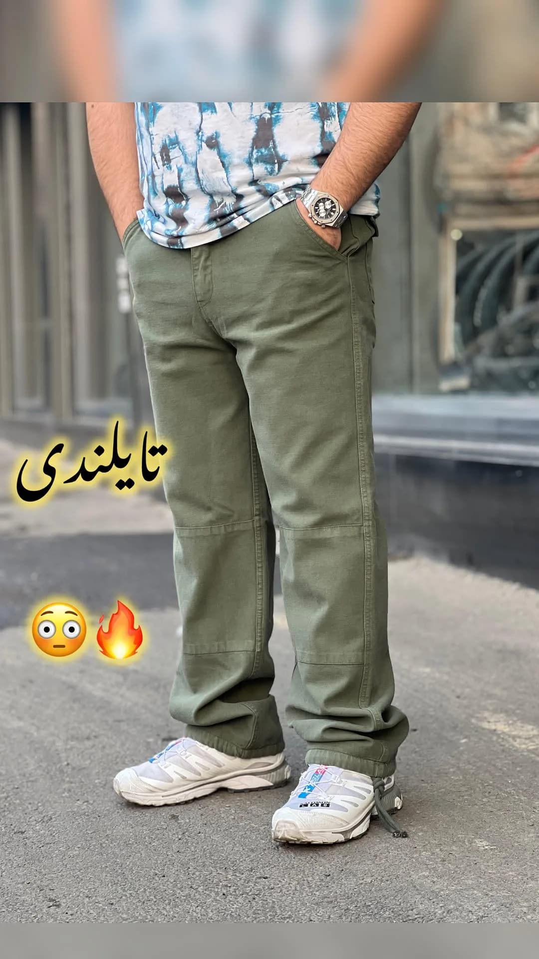 شلوار چهار جیب کتان تایلندی، رنگ سبز زیتونی، قد بلند، راحت