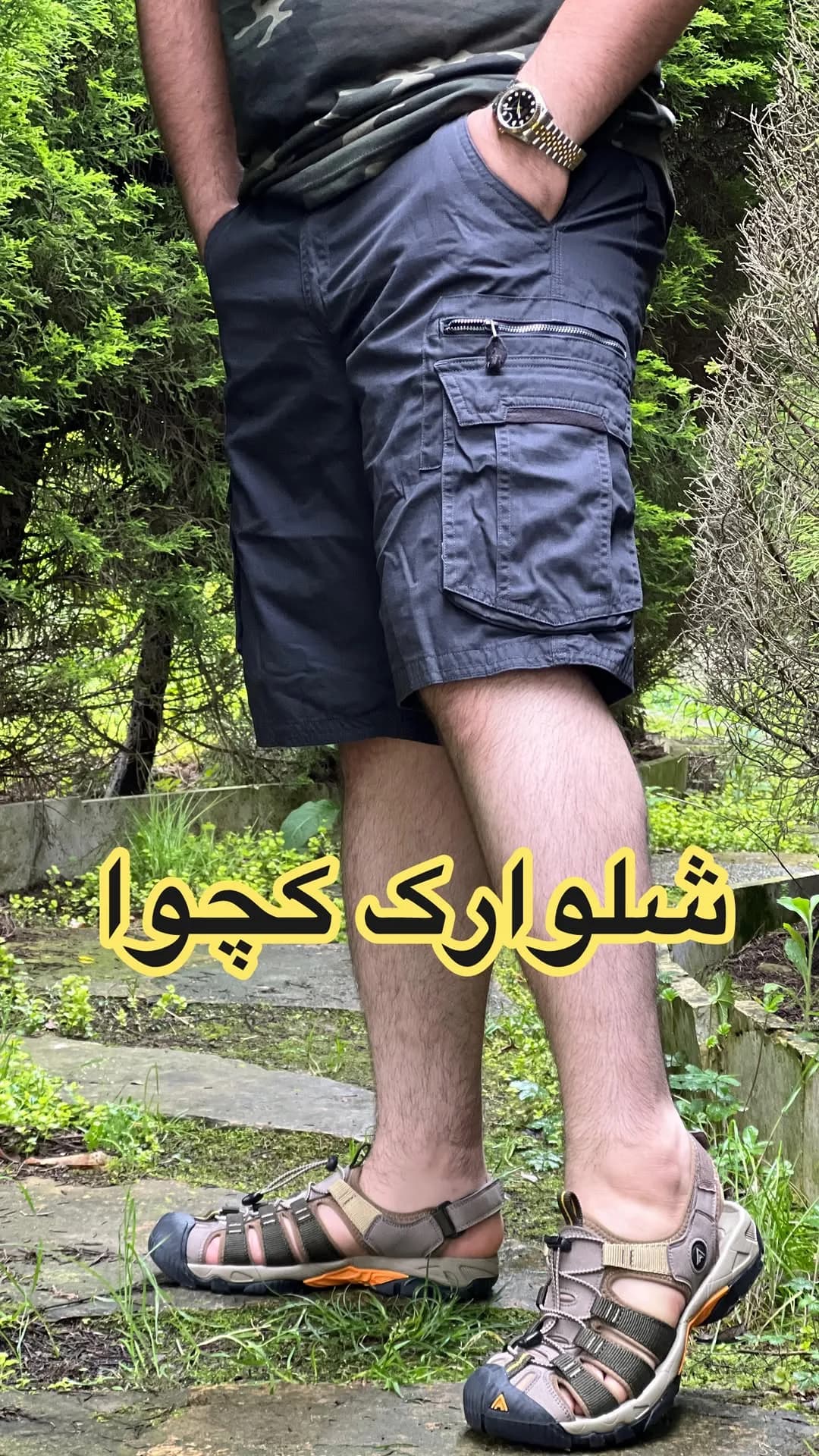 شلوارک شش جیب کتان شطرنجی، رنگ سرمهای، زانو، جیب دار