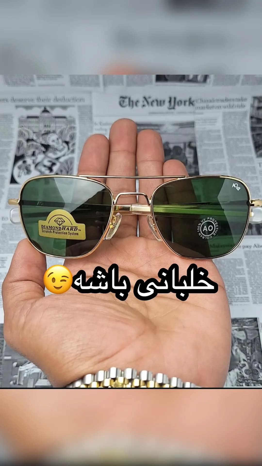 عینک آفتابی خلبانی UV400، رنگ سبز و طلایی، جنس فلز و شیشه