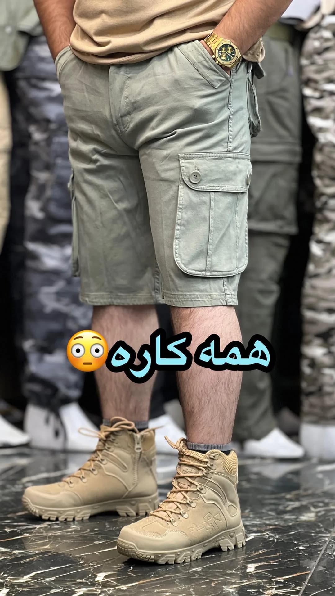 شلوارک شش جیب تاکتیکال آریم، رنگ سبز زیتونی، زانو، جیب دار