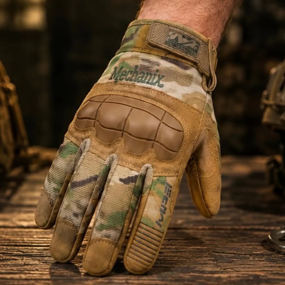 دستکش تمام انگشت امپکت Mechanix، رنگ کرم و سبز، جنس چرم و پارچه، تاکتیکال