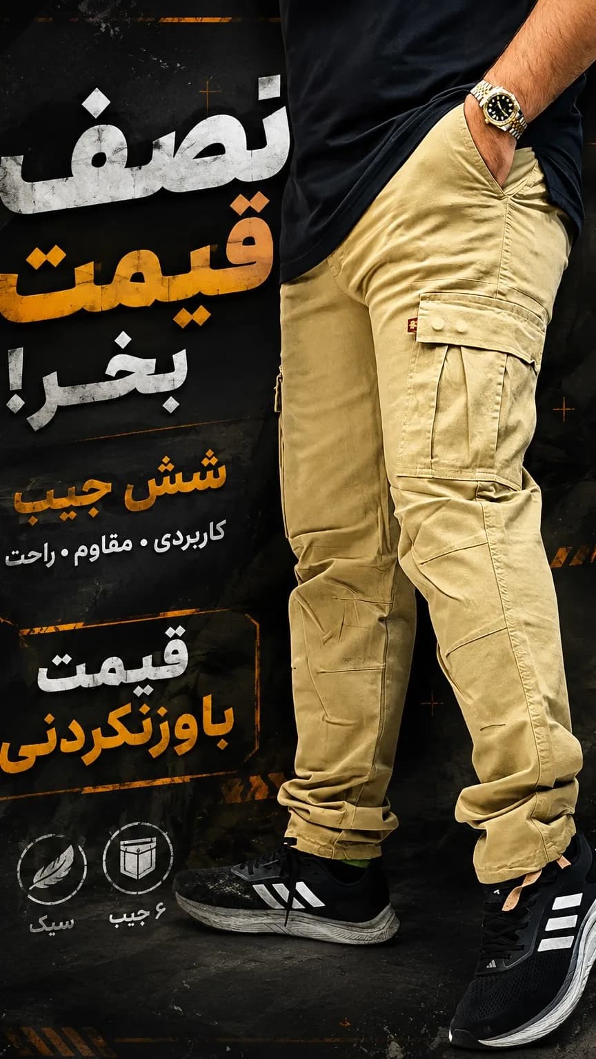 شلوار شش جیب، رنگ کرم، جنس کتان، شلوار راسته ششجیب