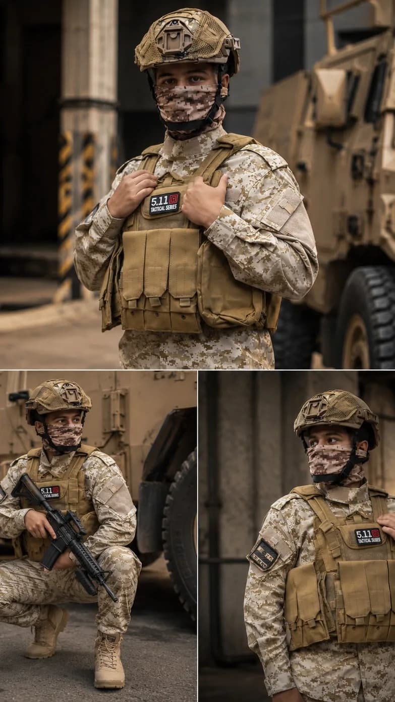 لباس نظامی USMC، رنگ خاکی و سبز، جنس برزنت و فلز، طرح استتار، ست لباس تاکتیکال و جلیقه