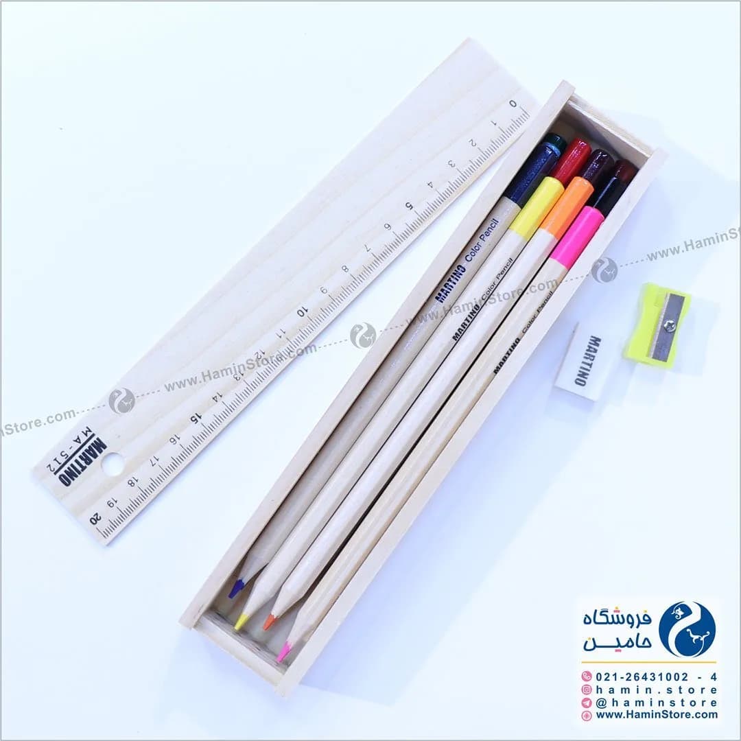 مداد رنگی ۱۲ رنگ مارتینو Martino، رنگ چوبی، جنس چوب، جامدادی جعبه‌ای با خط‌کش