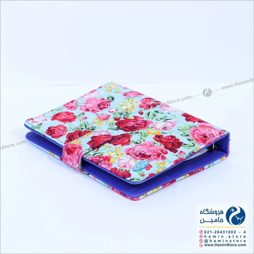 کلاسور پارچهای، رنگ آبی، صورتی، قرمز و زرد، جنس چرم، طرح گلدار، دفتری جیبی