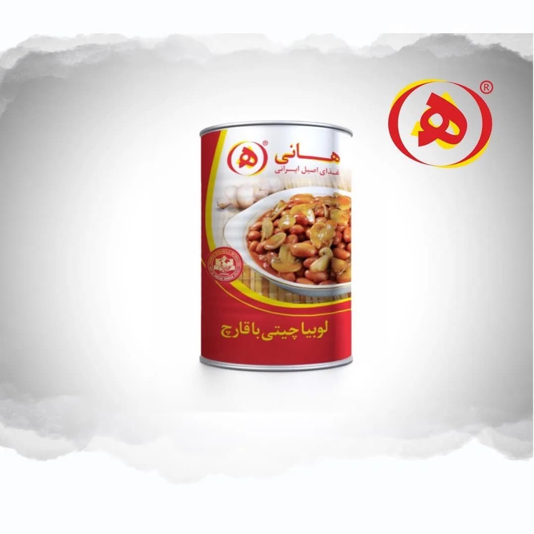 کنسرو لوبیا چیتی با قارچ هانی، رنگ قرمز، سفید و زرد، جنس فلز، قوطی استوانهای فلزی