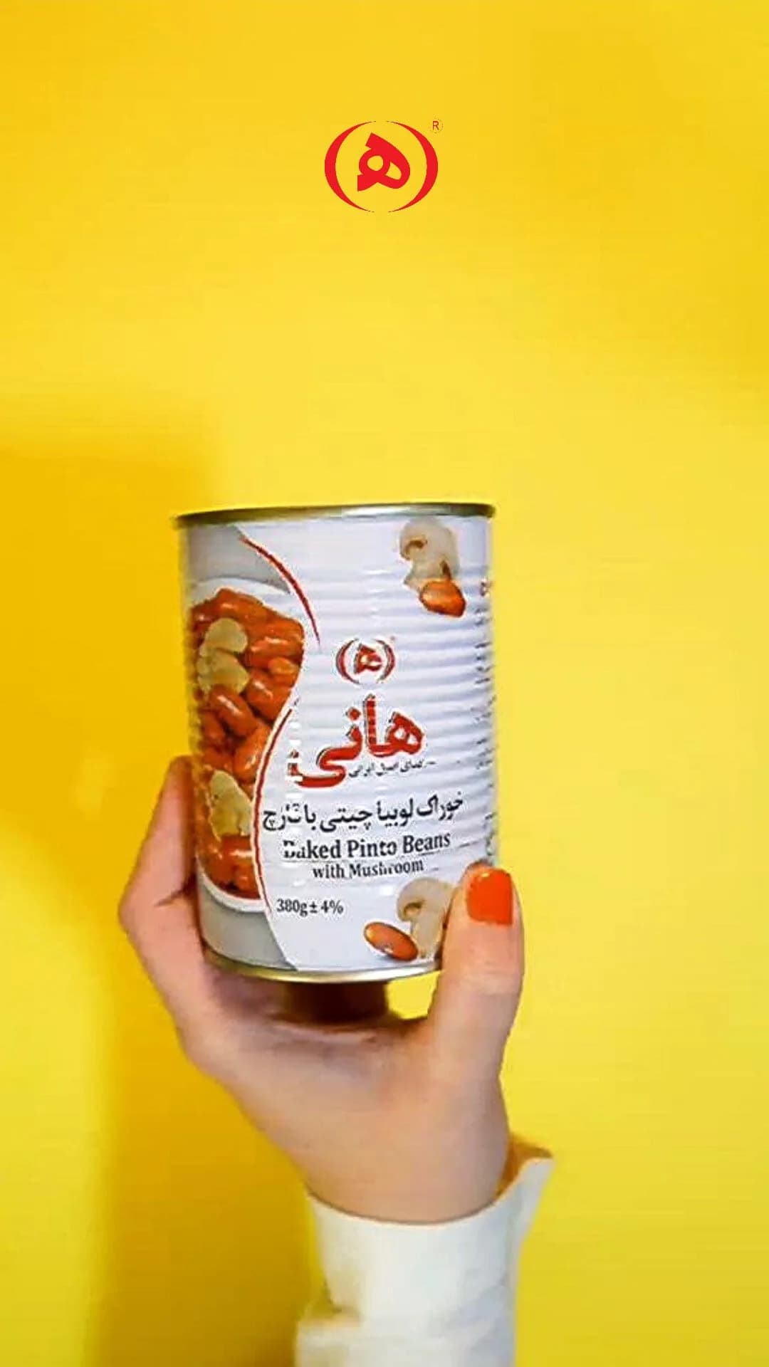 خوراک لوبیا چیتی با قارچ هانی، رنگ قرمز، سفید و زرد، استوانه‌ای فلزی