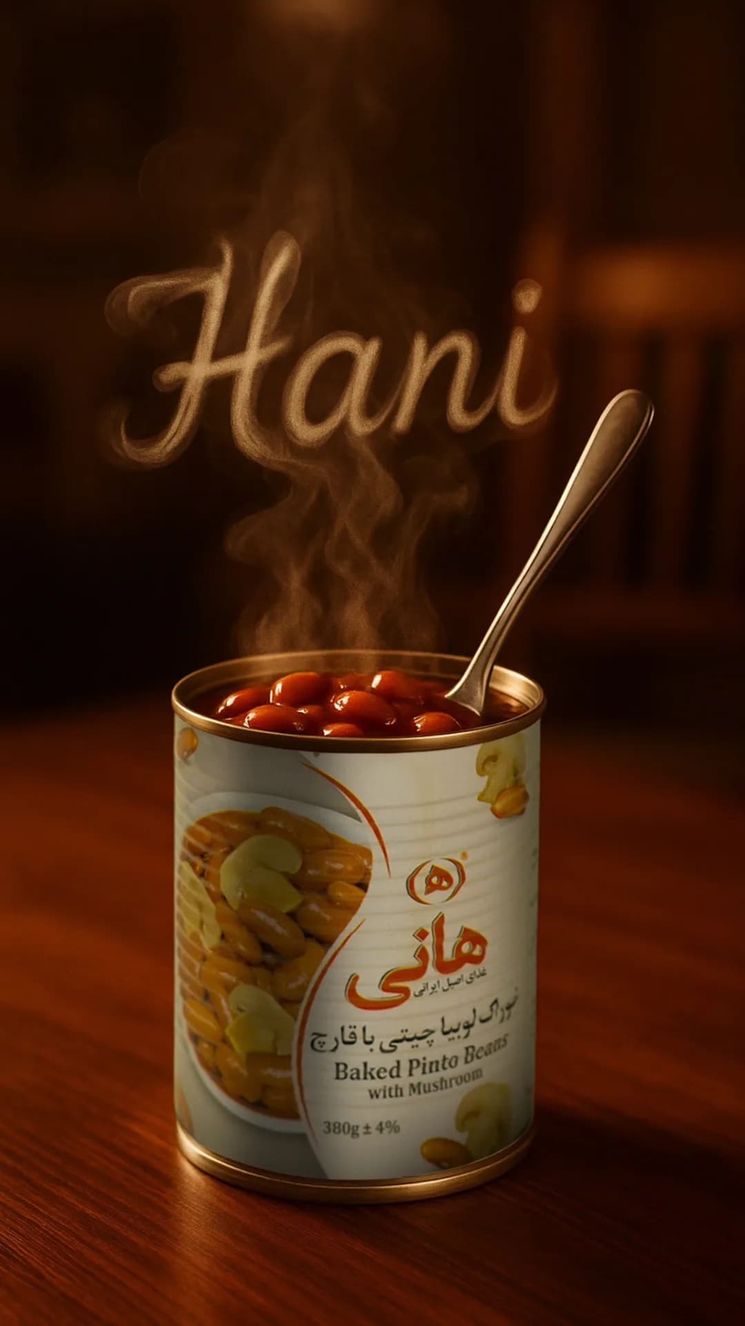 خوراک لوبیا چیتی با قارچ هانی، رنگ قرمز، سفید و قهوه‌ای، قوطی فلزی استوانه‌ای