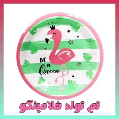 تم تولد فلامینگو، رنگ سفید، سبز و صورتی، جنس مقوا، طرح شخصیت کارتونی، بشقاب گرد یکبار مصرف