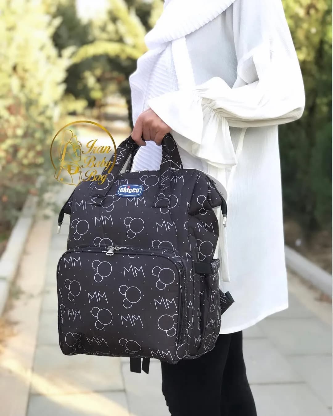کوله پشتی لوازم نوزاد چیکو، رنگ مشکی و سفید، جنس پارچه، طرح طرح حیوانی، کولهپشتی دستی و دوشی