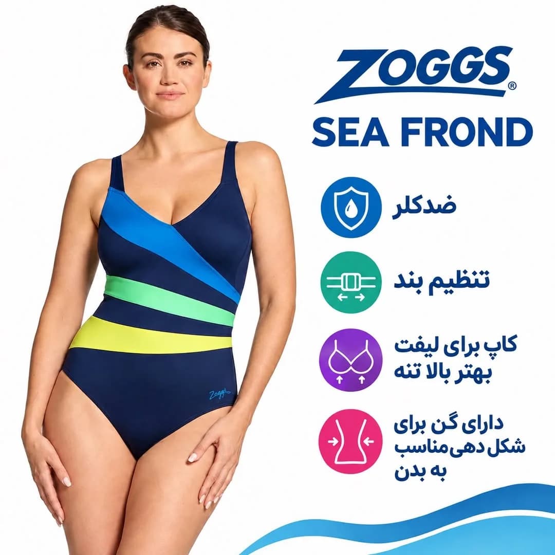 مایو زنانه Frond زاگز، رنگ سرمه‌ای، آبی، سبز و زرد، طرح هندسی، یک تکه، بنددار، جذب