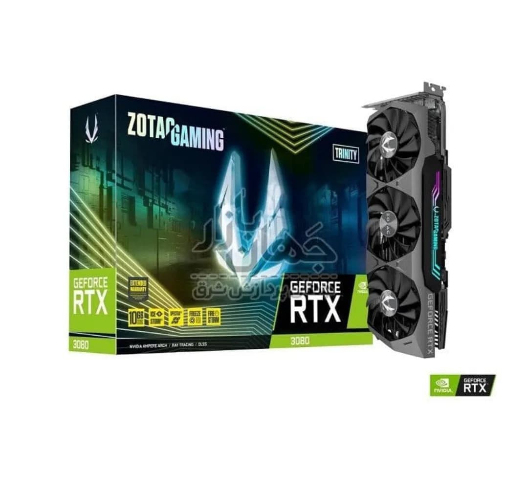 کارت گرافیک ZOTAC RTX 3080 ۱۰ گیگابایت، رنگ مشکی و خاکستری، جنس فلز و پلاستیک، مستطیلی سه فن