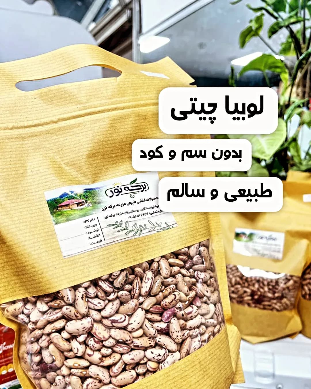لوبیا چیتی قلمی ۹۰۰ گرمی برکه نور، رنگ کرم و قهوه‌ای، جنس پلاستیک، کیسه