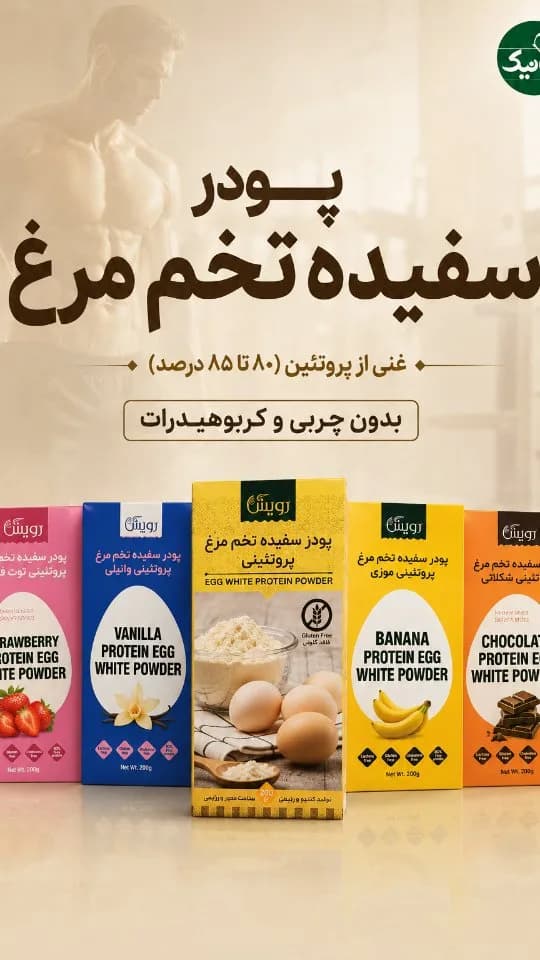پودر سفیده تخم مرغ پروتئینی رویسا، رنگ زرد و آبی، جنس مقوا، قوطی مقوایی
