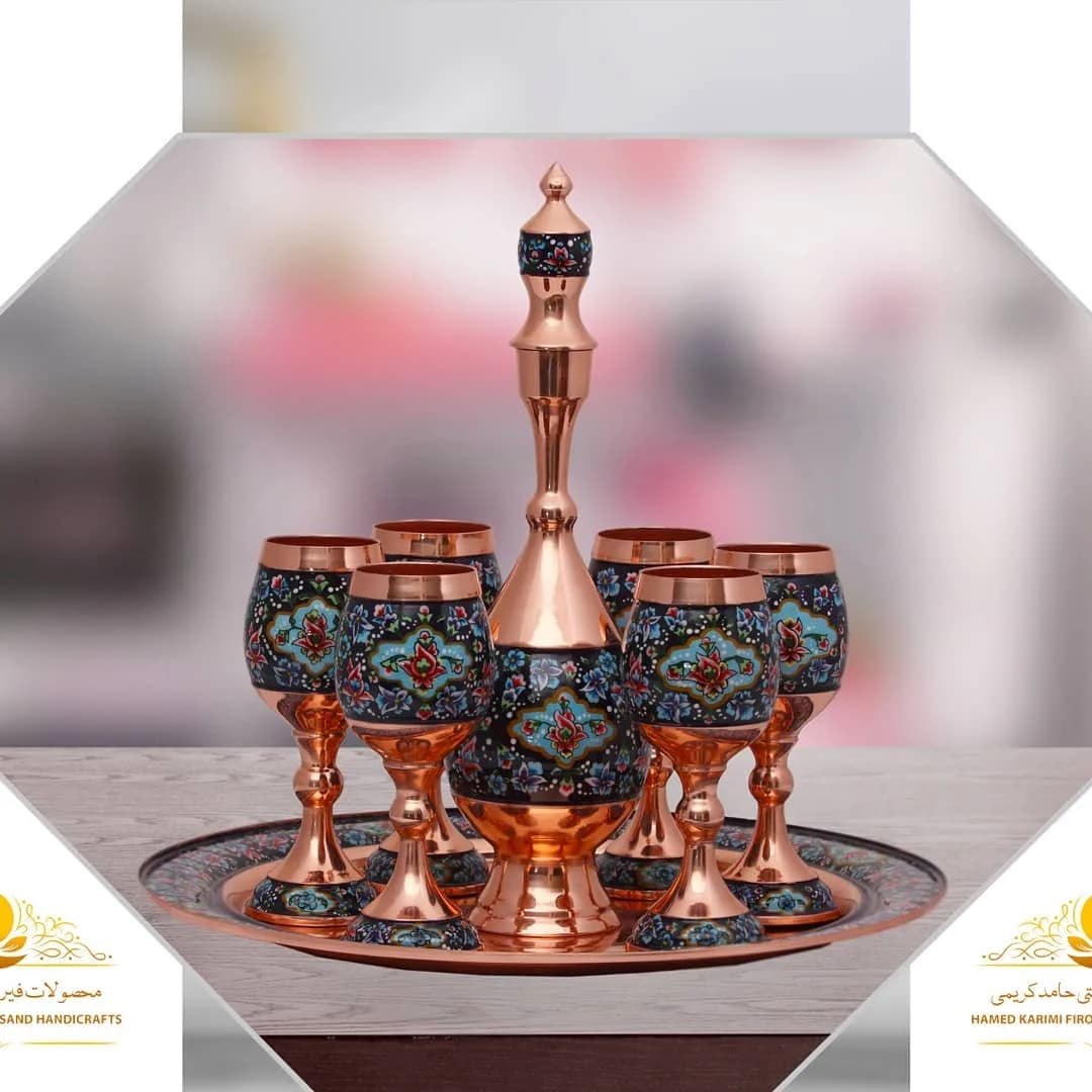 سرویس شربتخوری مس و پرداز، رنگ مسی، آبی و قرمز، جنس فلز، طرح گلدار، پارچ و لیوان