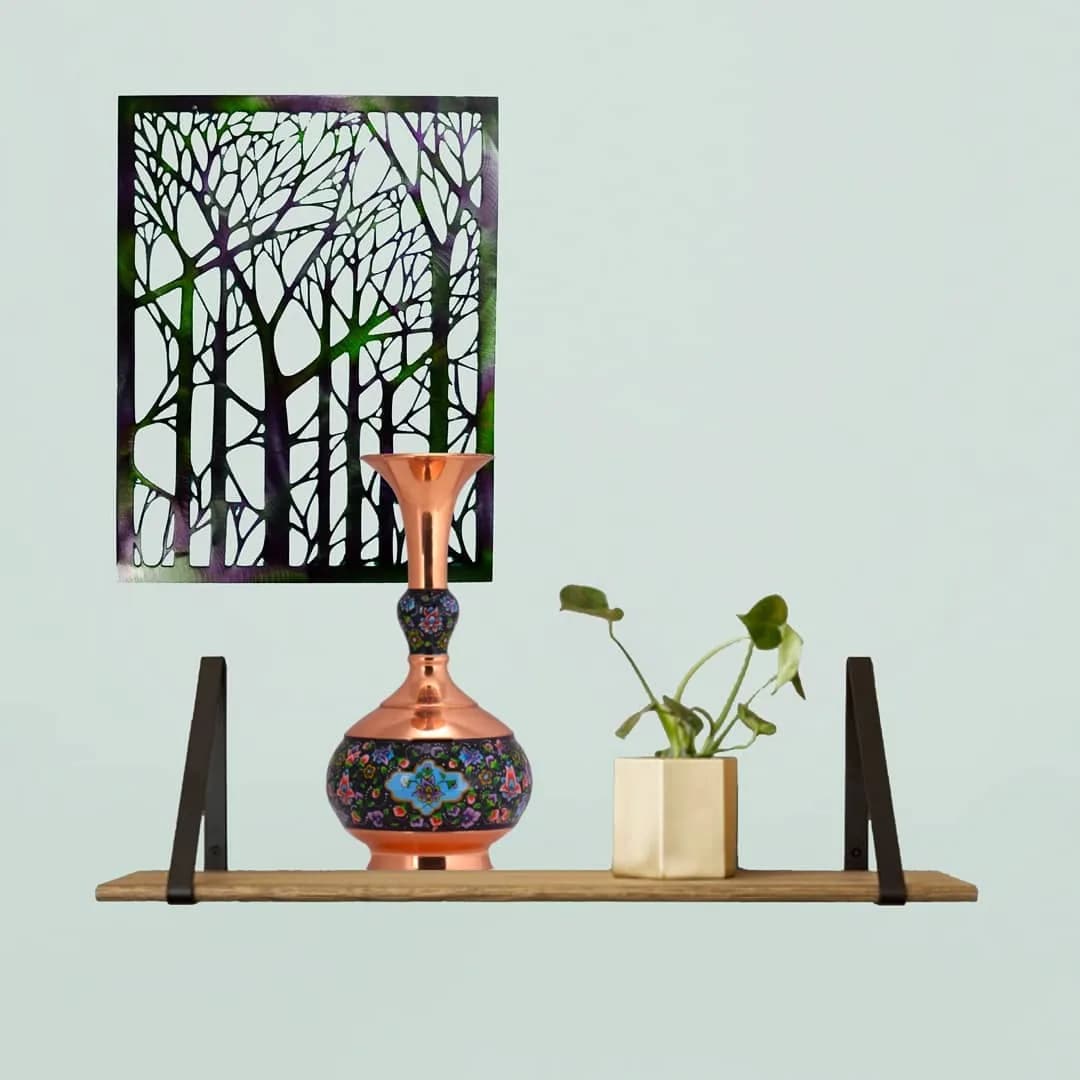 گلدان فیروزهکوب ۳۰ سانتی، رنگ مسی، فیروزهای و رنگی، جنس مس، طرح گلدار، دهانه گشاد، پایه دار