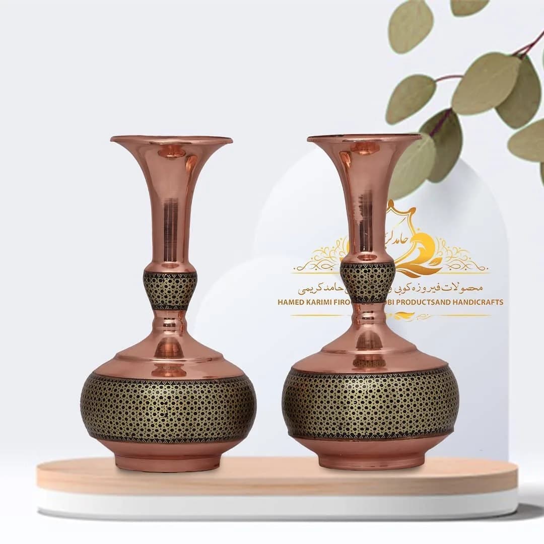 گلدان دالبری مس و خاتم، رنگ مسی و مشکی، جنس فلز، گردنباریک