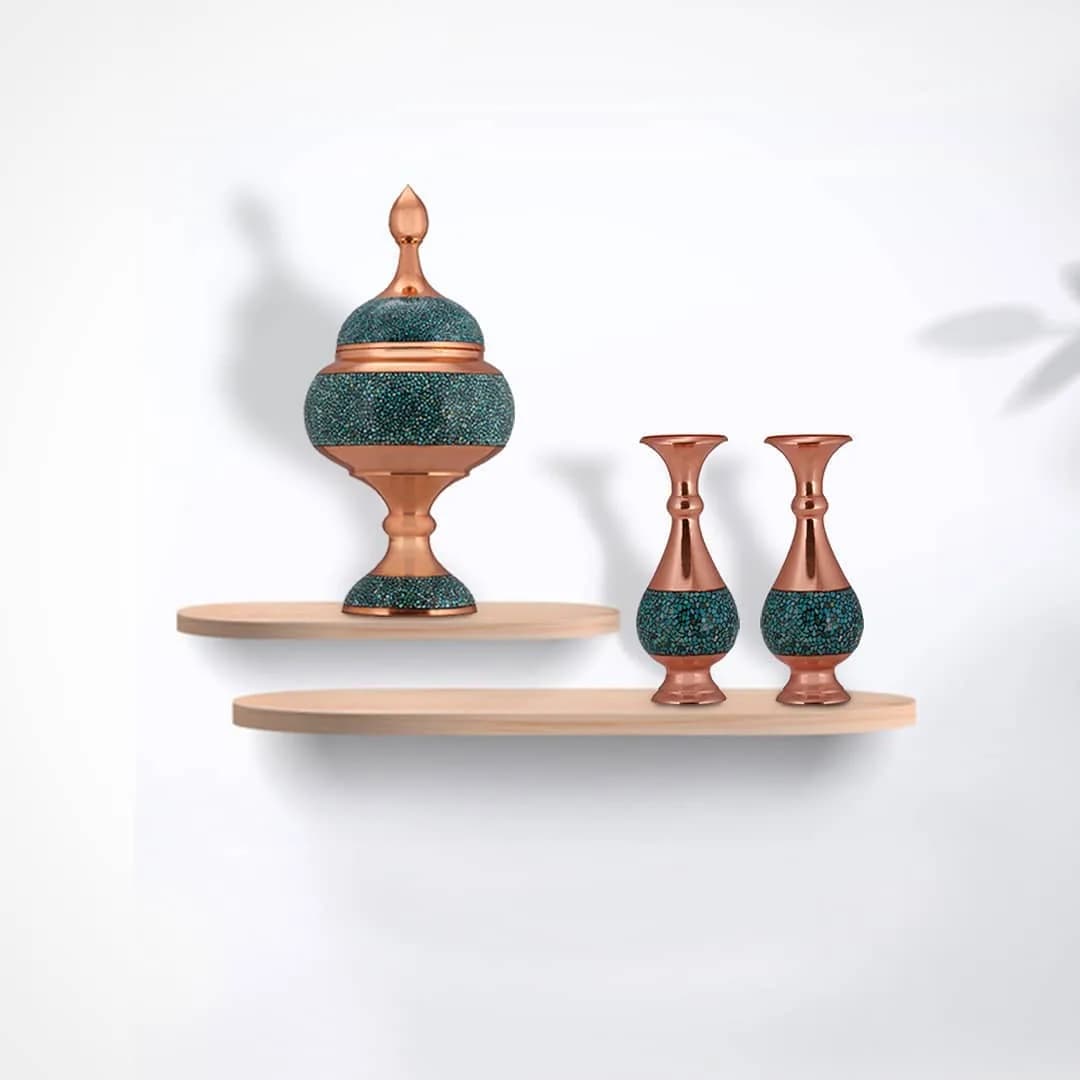 ظروف فیروزه‌کوب، رنگ مسی و فیروزه‌ای، جنس مس، گلدان، ظرف درب‌دار