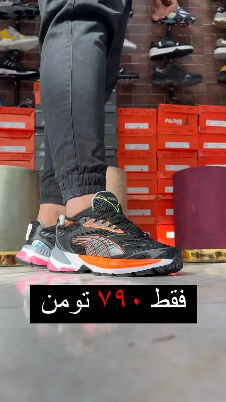 کتانی اسپرت مشکی و نارنجی پوما، رنگ سفید، بنددار، پاشنه تخت