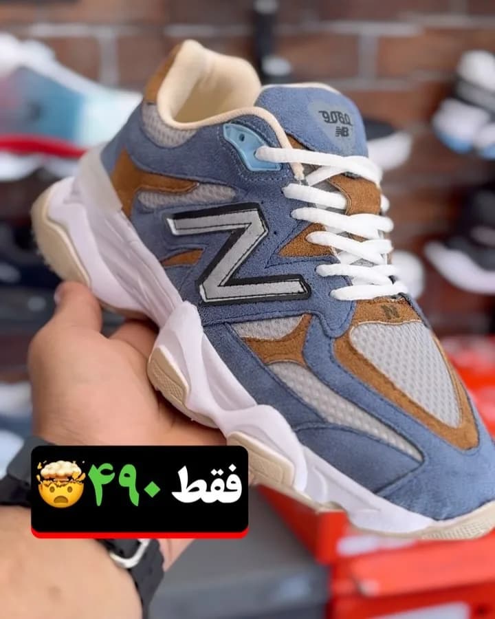 کتانی اسپرت آبی و قهوهای نیوبالانس، رنگ سفید، جنس جیر، بدون پاشنه